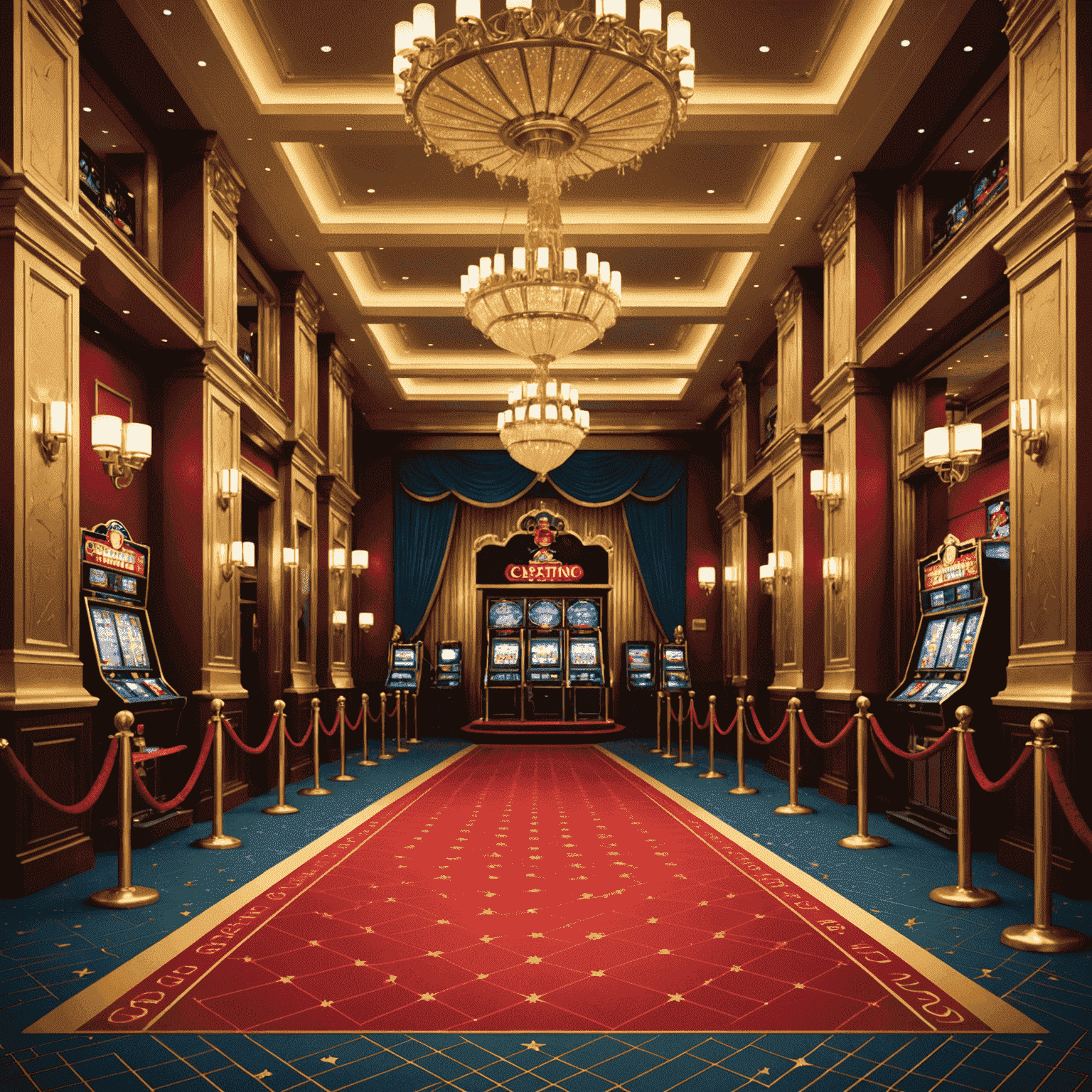 Luxurious casino grand opening with red carpet, celebrities, and golden decorations