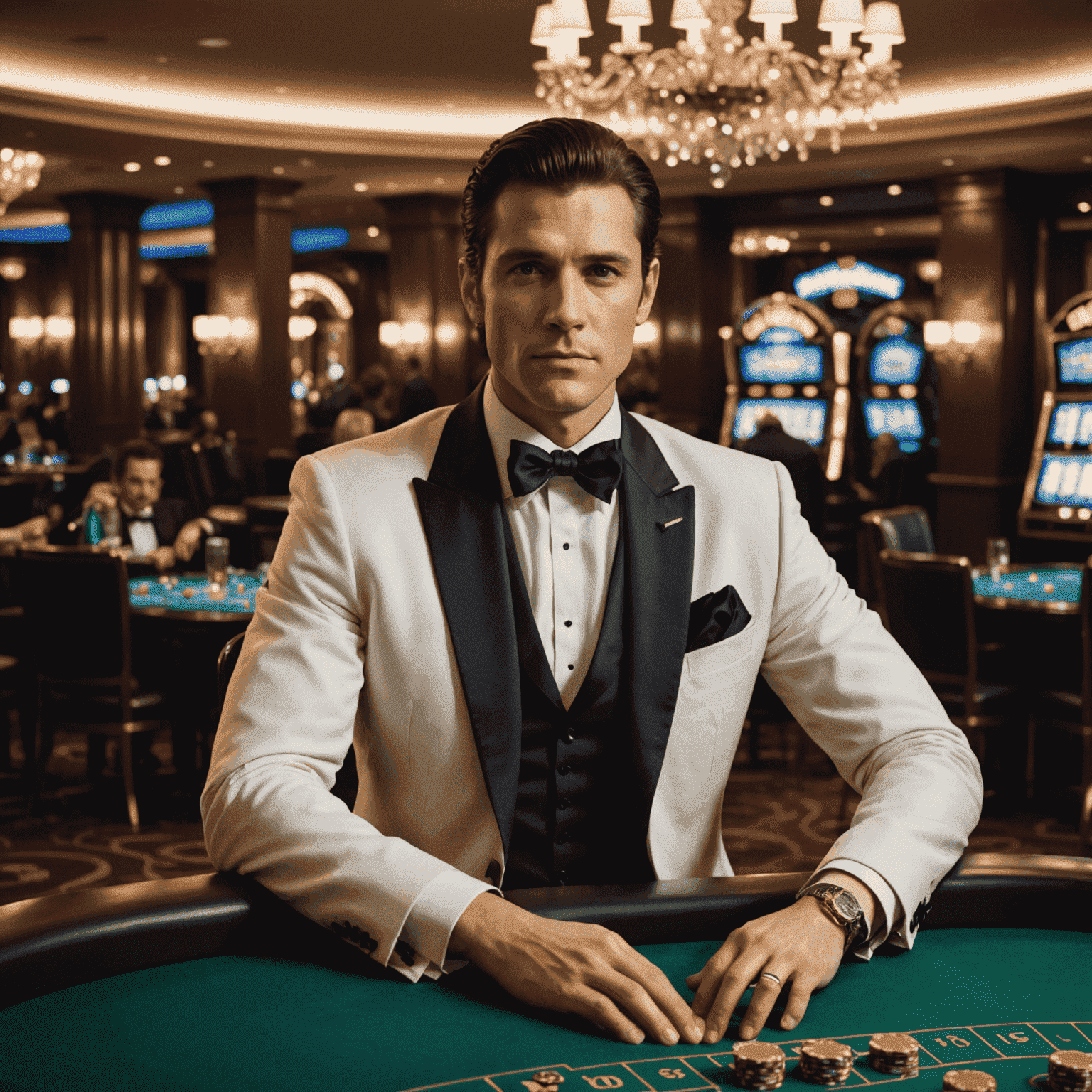 A sophisticated high-stakes player seated in a luxurious casino lounge, dressed in an elegant tuxedo, with a backdrop of glittering chandeliers and high-end gaming tables