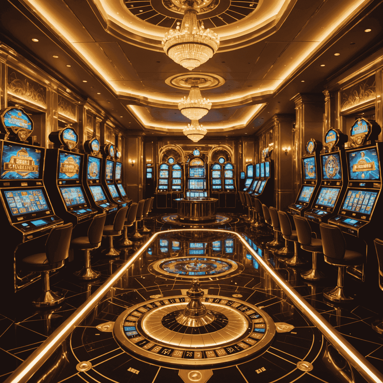 Futuristic casino floor with holographic displays and AI-powered surveillance systems, bathed in golden light