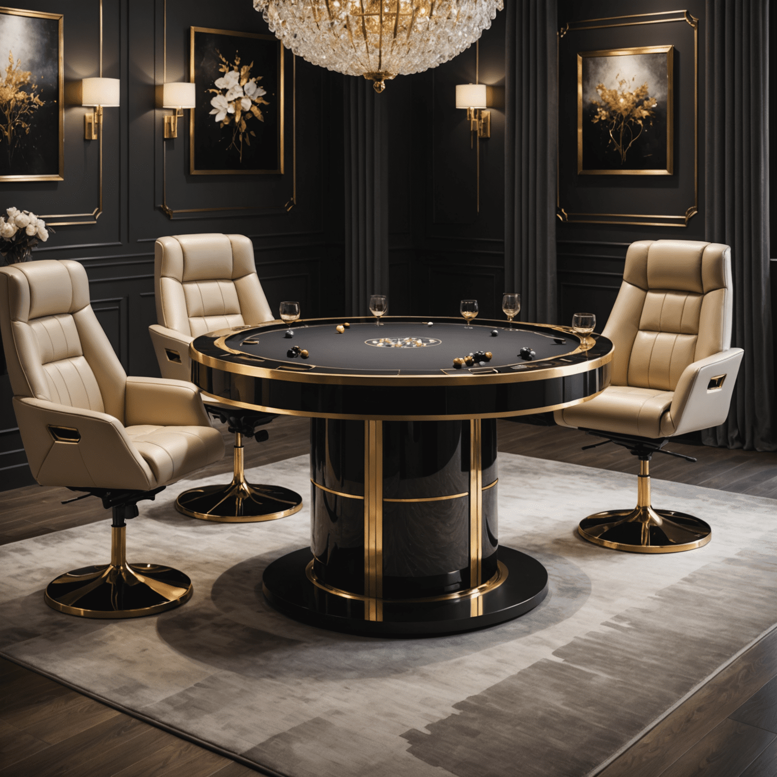 High-end gaming tables with gold accents, plush seating, and ambient lighting, creating an atmosphere of luxury and exclusivity