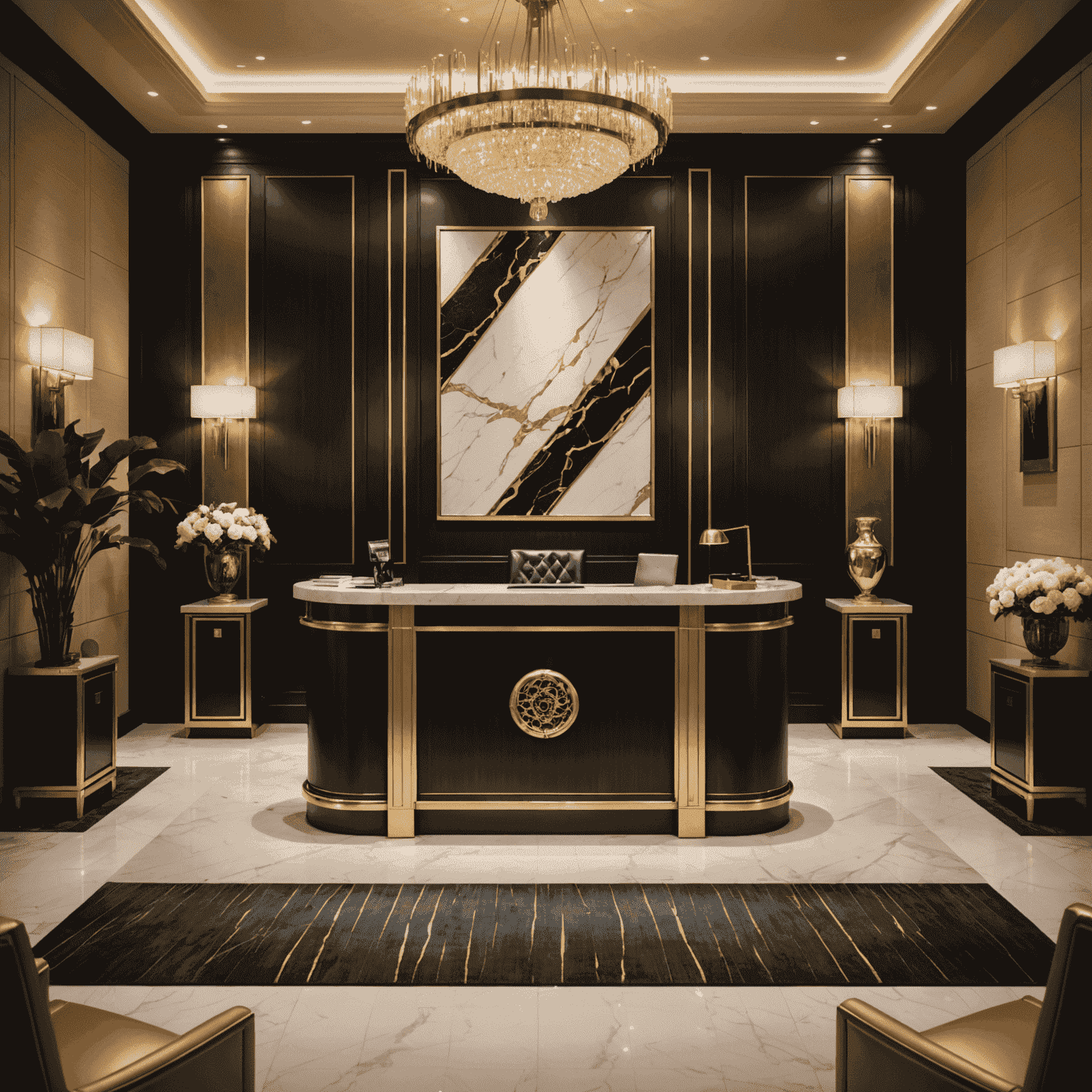 Elegant concierge desk with gold accents, staffed by professionally dressed attendants ready to assist. The background showcases a luxurious lounge area with soft lighting and plush seating, evoking a sense of exclusive nightlife ambiance.