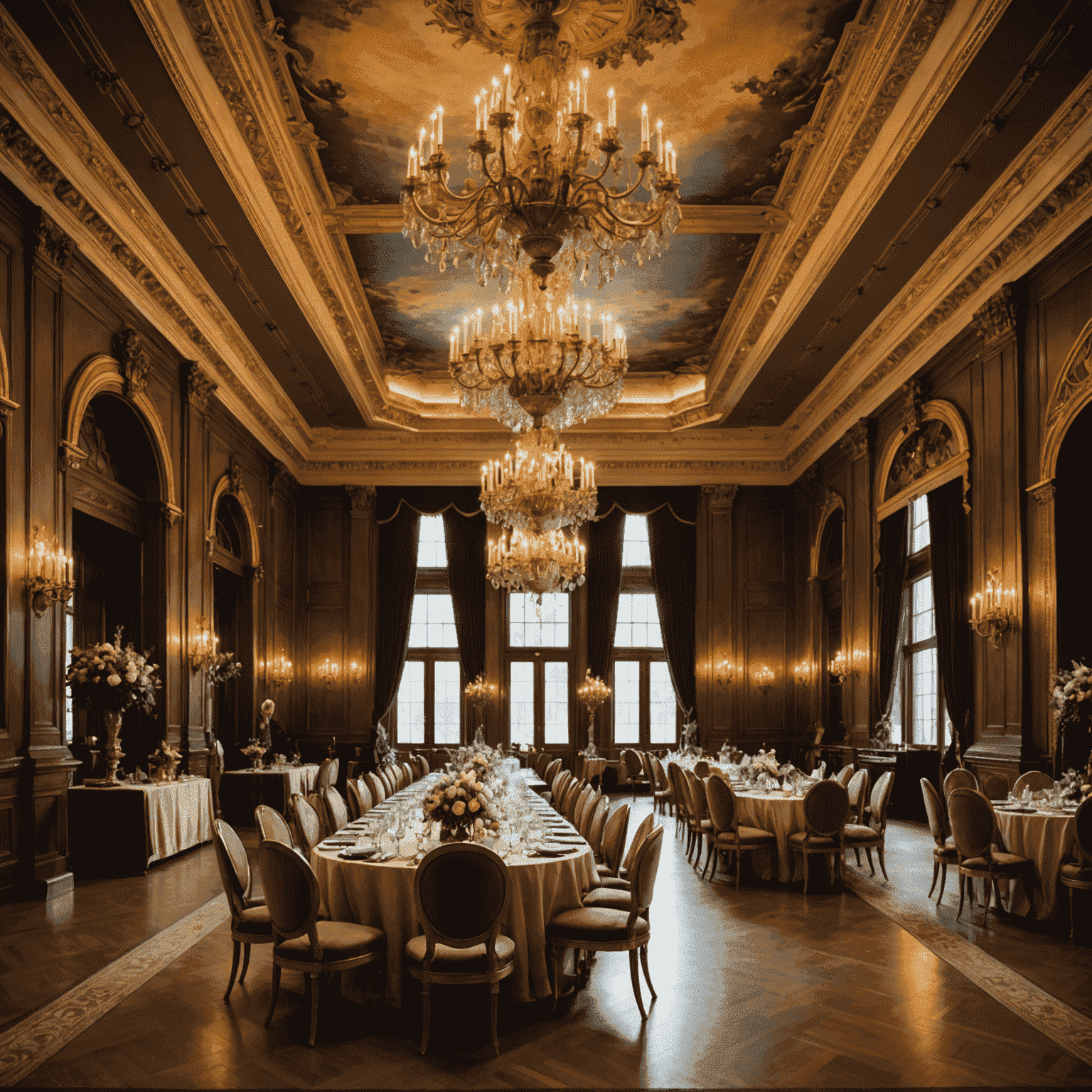 An elegant ballroom set up for a high-stakes tournament, with golden chandeliers, plush velvet chairs, and professional dealers at polished wooden tables