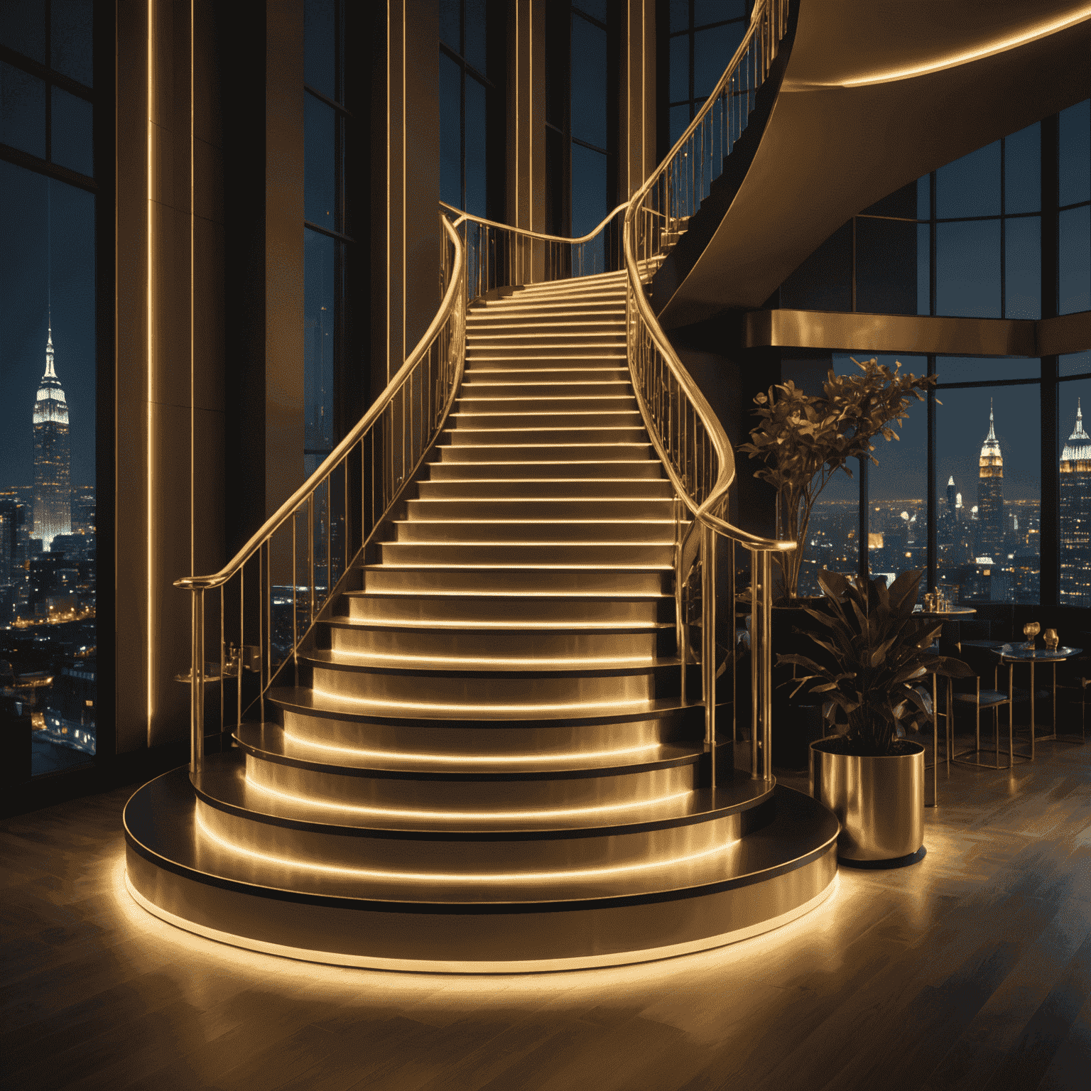 An elegant visualization of the Bespoke Rewards Program tiers, showing a golden staircase ascending through different levels, each step illuminated with soft neon accents. The background features a blurred nighttime cityscape, evoking the atmosphere of a high-end digital lounge.