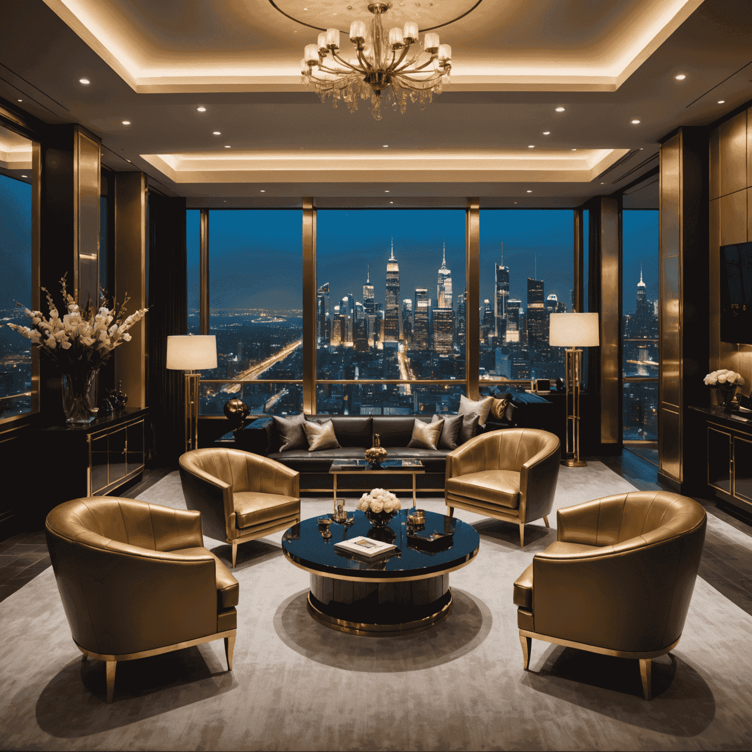 Luxurious private banking lounge with gold accents, leather chairs, and a panoramic view of a night city skyline