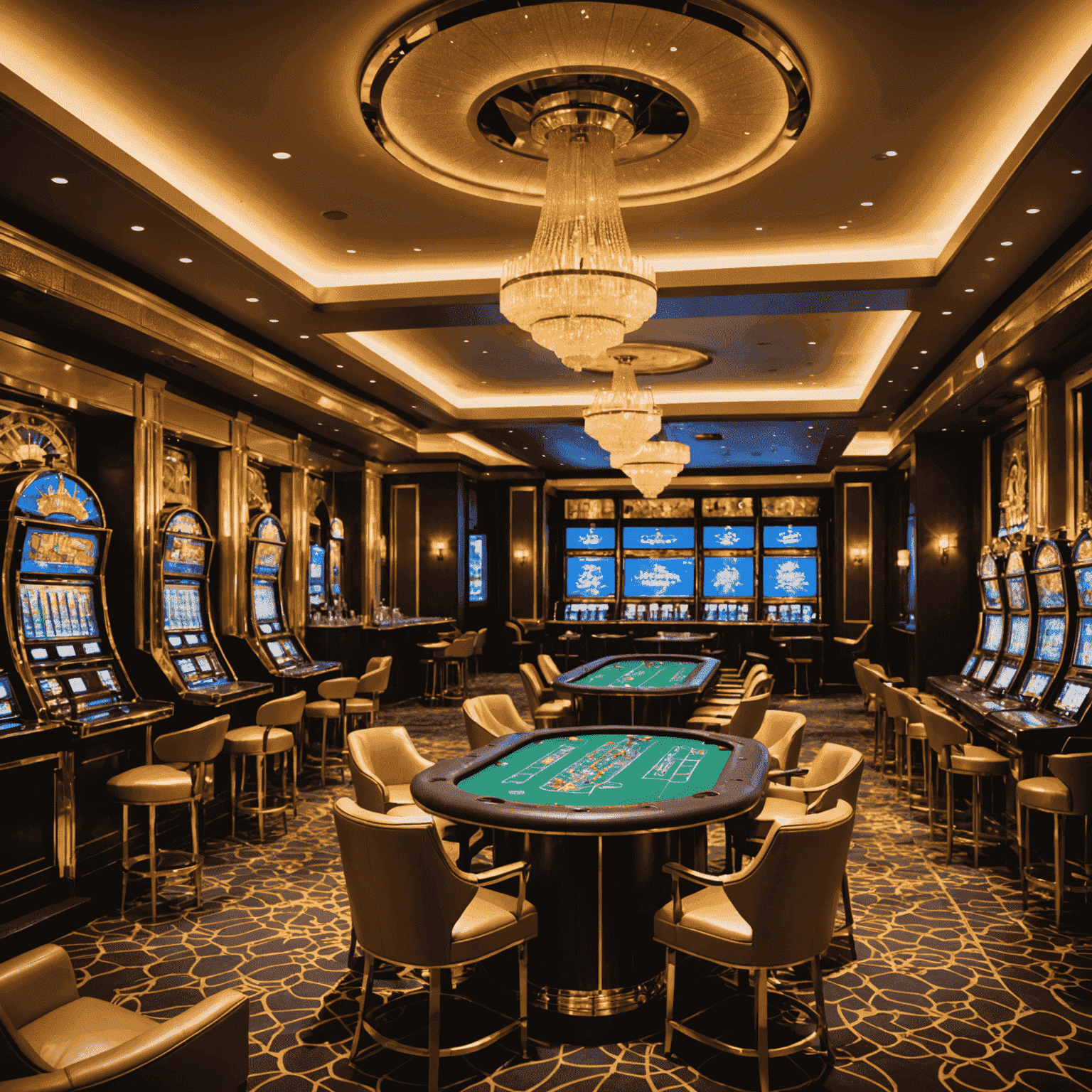 A panoramic view of an opulent VIP casino lounge with plush seating, private gaming tables, and a bar serving premium cocktails, all bathed in warm, golden lighting
