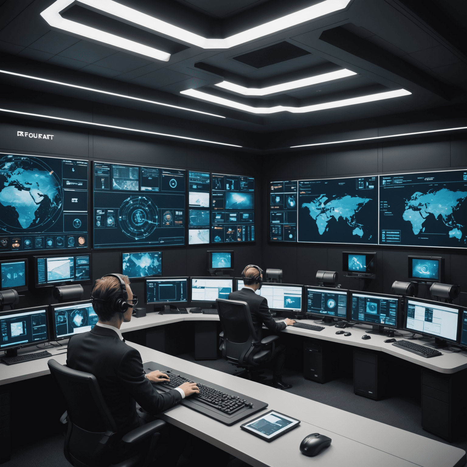 Elegant control room with multiple screens displaying AI-powered security feeds, operators in formal attire
