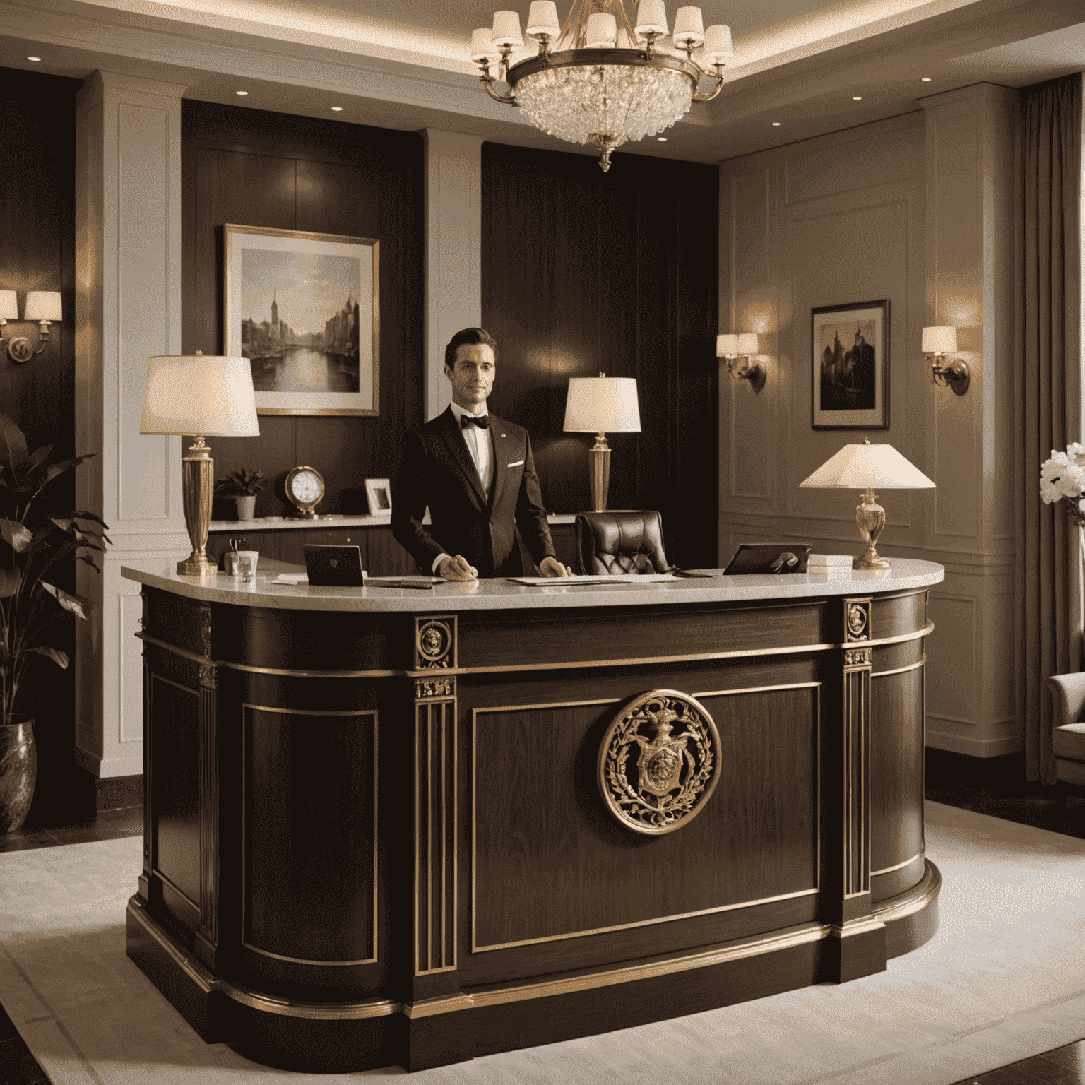 An elegant concierge desk with smartly dressed staff ready to assist, surrounded by luxurious decor