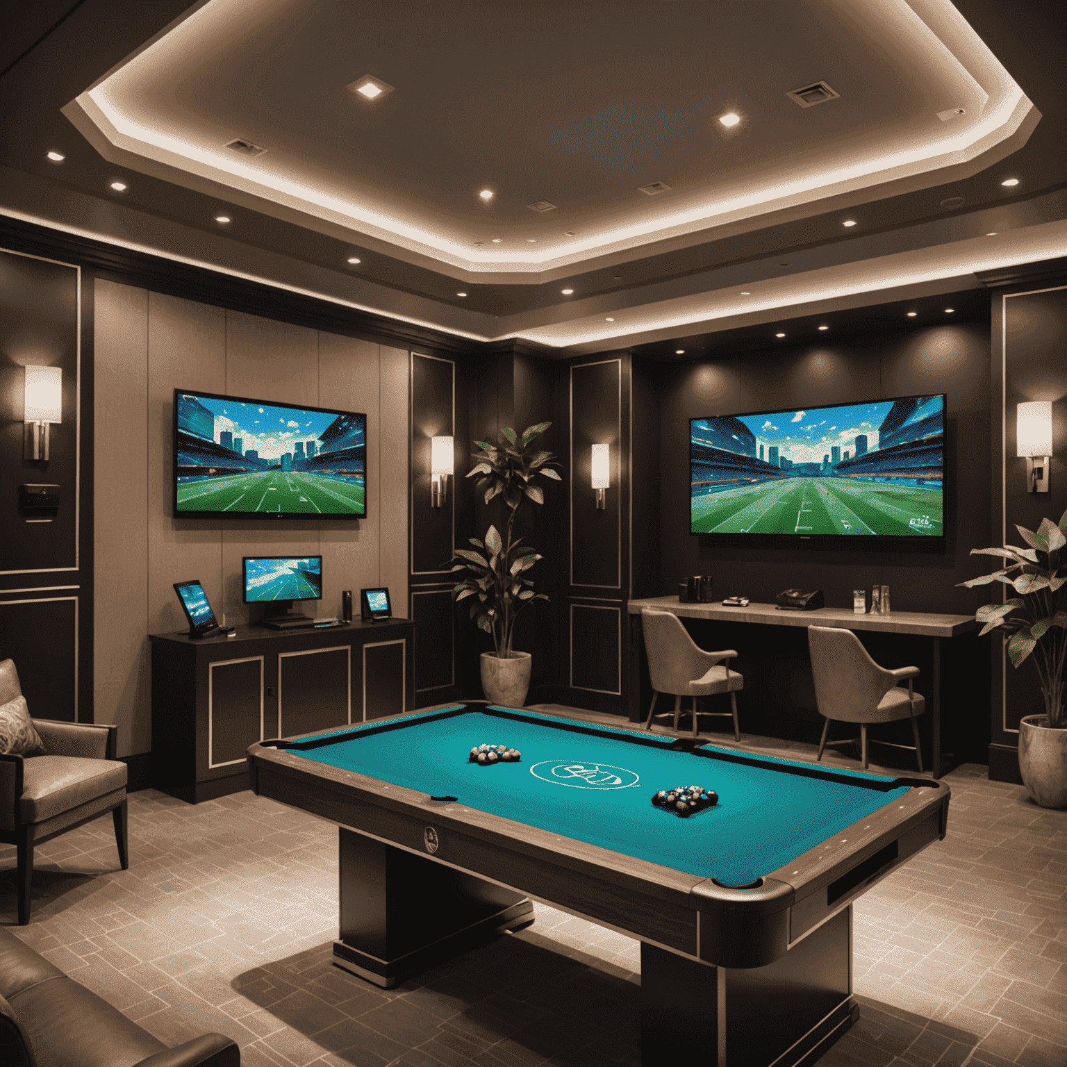 A luxurious private gaming room with personalized amenities, touchscreen interfaces, and a dedicated virtual concierge