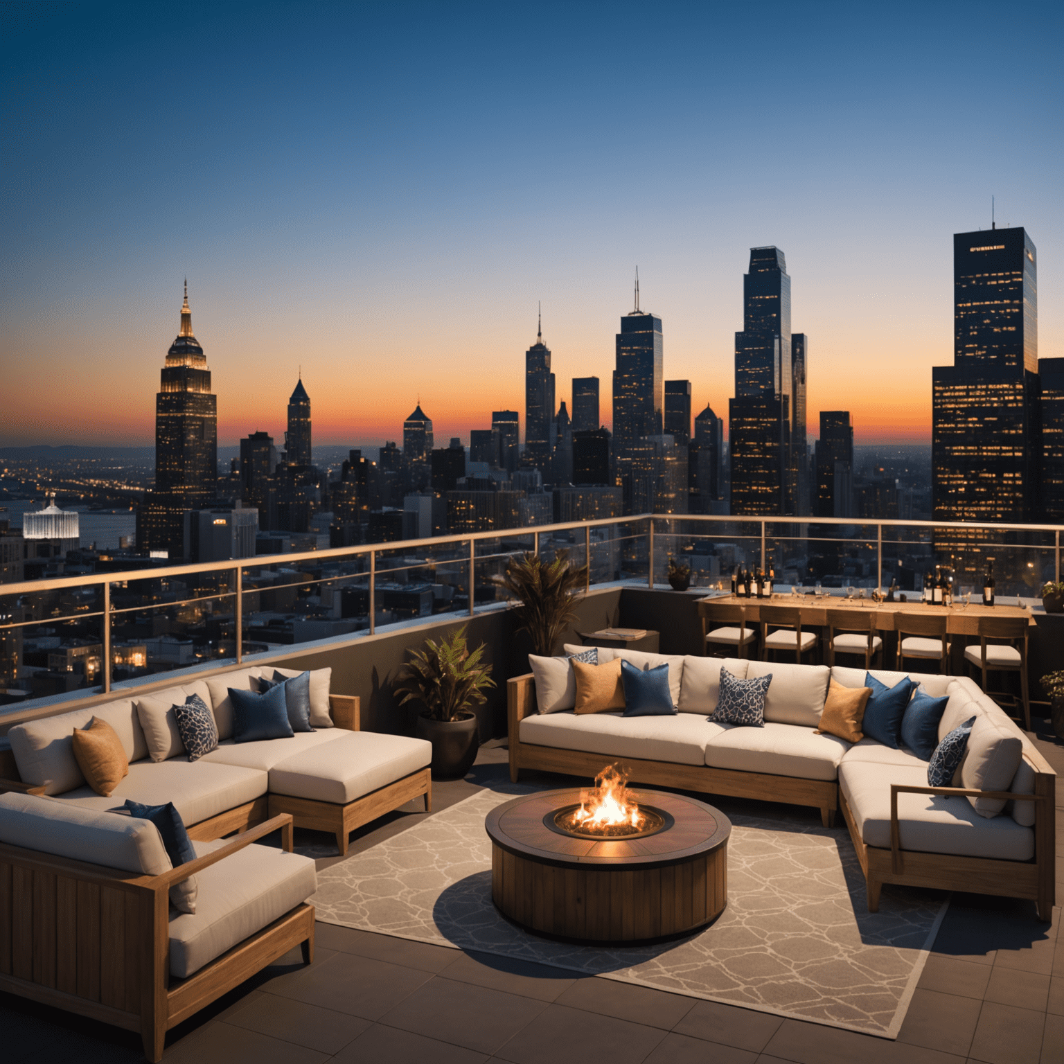 A luxurious rooftop lounge with panoramic city views, featuring well-dressed guests, premium bar, and subtle lighting creating an exclusive atmosphere