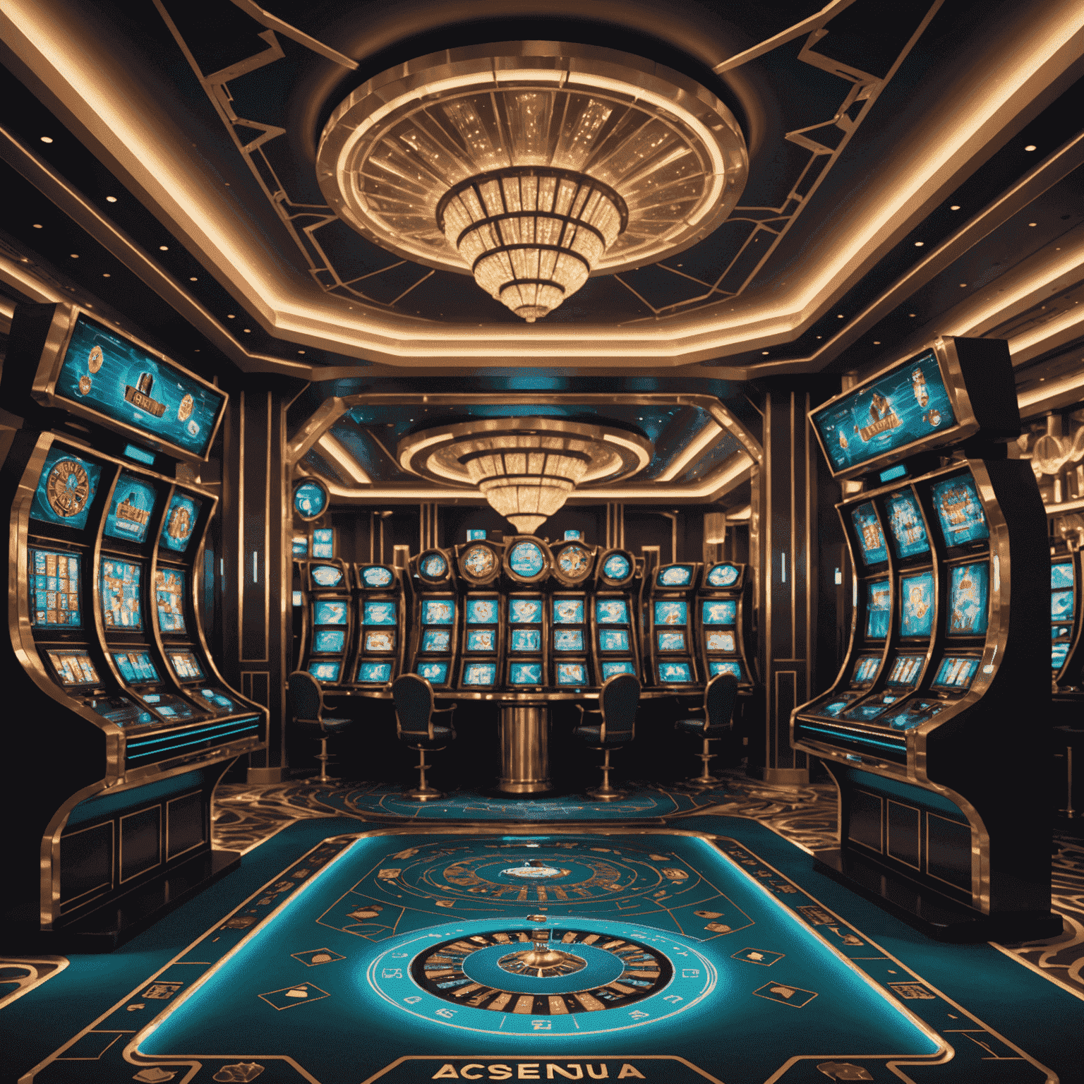 Futuristic casino interior with holographic displays and AI-powered security systems