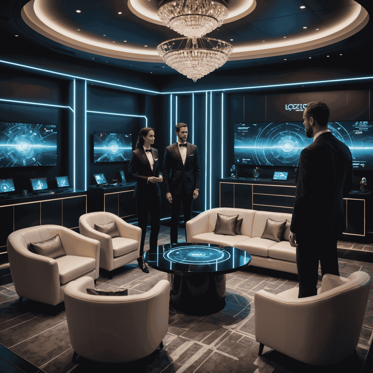 Luxurious digital lounge with holographic game tables, AI concierge holograms, and guests in evening wear interacting with advanced interfaces