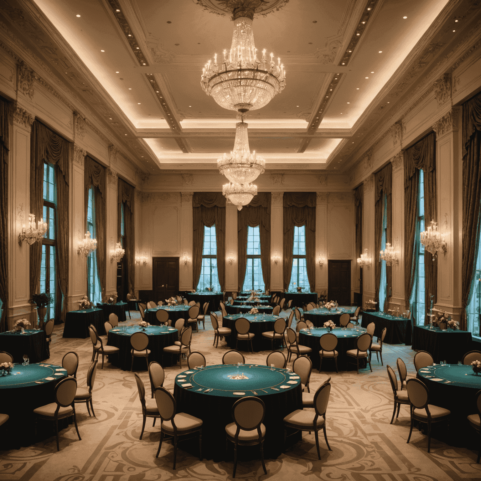 A grand ballroom set up for a high-end tournament, with crystal chandeliers and gaming tables arranged for competition