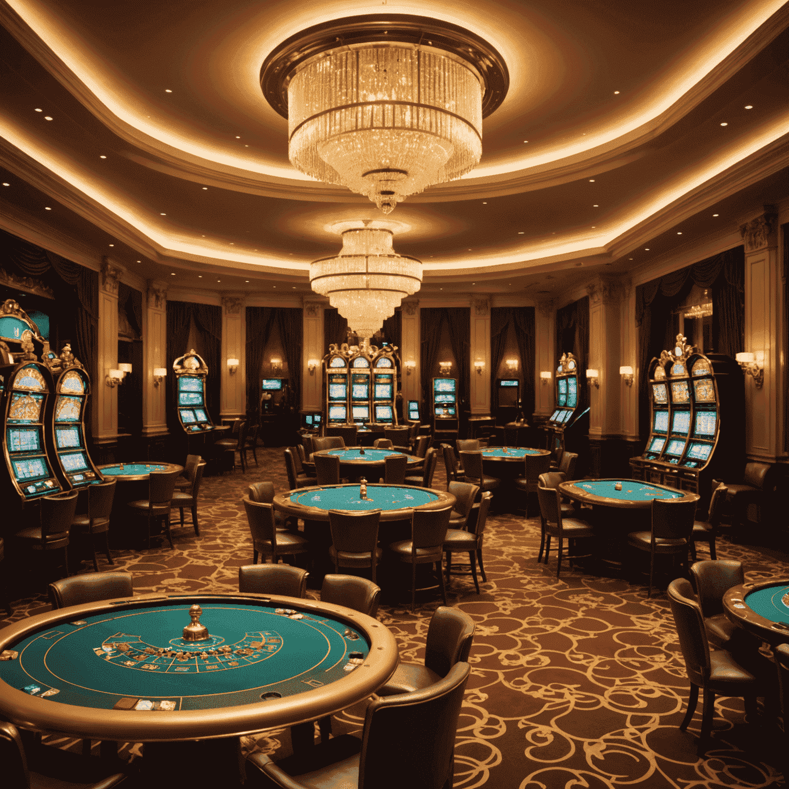 A panoramic view of a sophisticated virtual casino floor, featuring elegant game tables, crystal chandeliers, and players dressed in formal attire, all bathed in warm, golden light