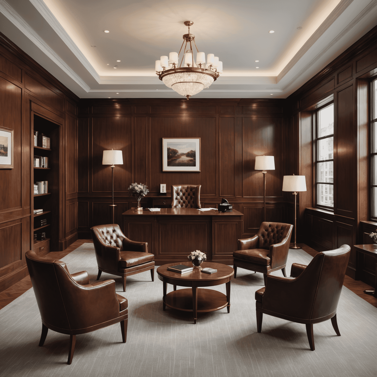 A sophisticated private banking office with leather chairs, mahogany desks, and discreet financial advisors